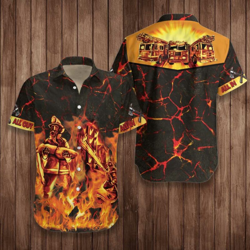 Orange prints model All In All Out In Fire Firefighter Hawaiian Shirt, Fire Truck On Flame Firefighter Shirt For Men