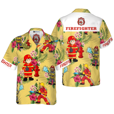 OrangePrints.com -Graphic Proud Firefighter Hawaiian Shirt, Cream Tropical Floral Firefighter Shirt For Men