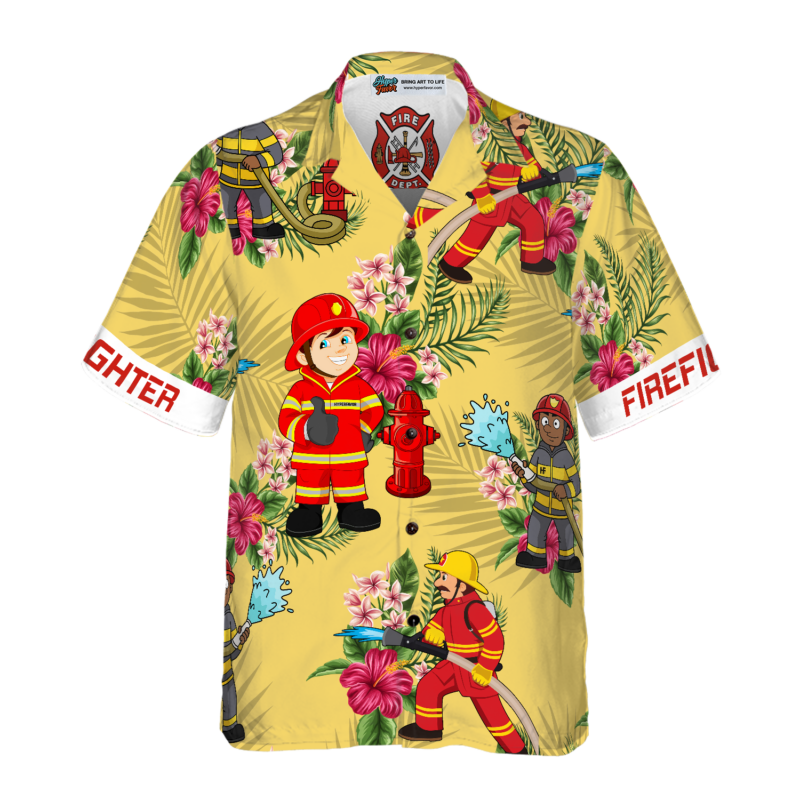 Orange prints model Graphic Proud Firefighter Hawaiian Shirt, Cream Tropical Floral Firefighter Shirt For Men