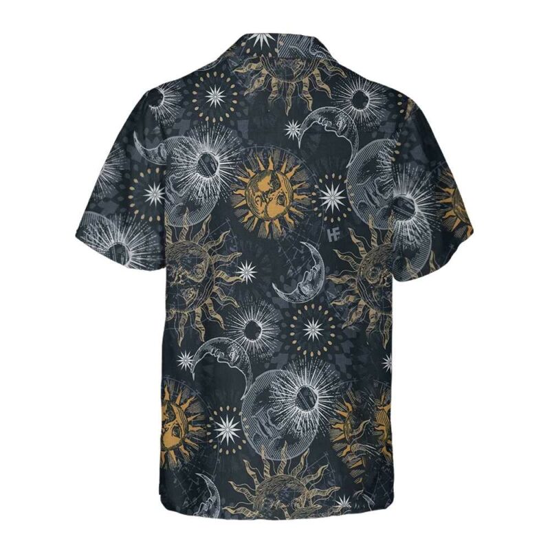 Orange prints back of Moon And Sun Hawaiian Shirt, Space Themed Shirt, Planet Button Up Shirt For Adults