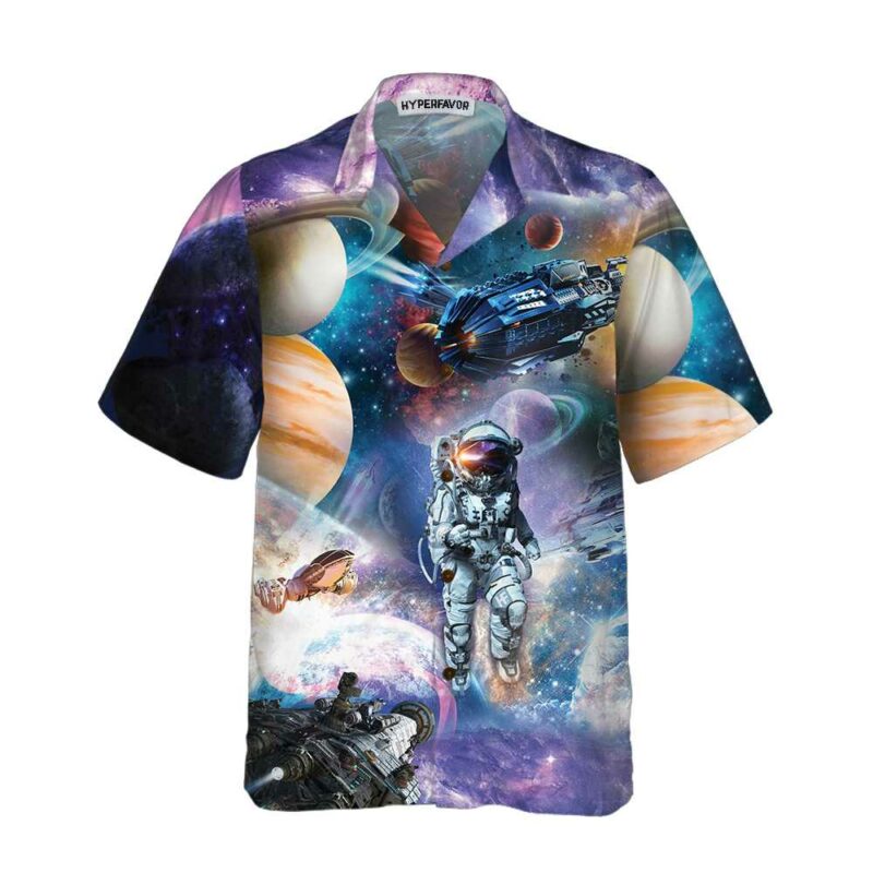 Orange prints front of Outer Space Hawaiian Shirt, Space Themed Shirt, Planet Button Up Shirt For Adults