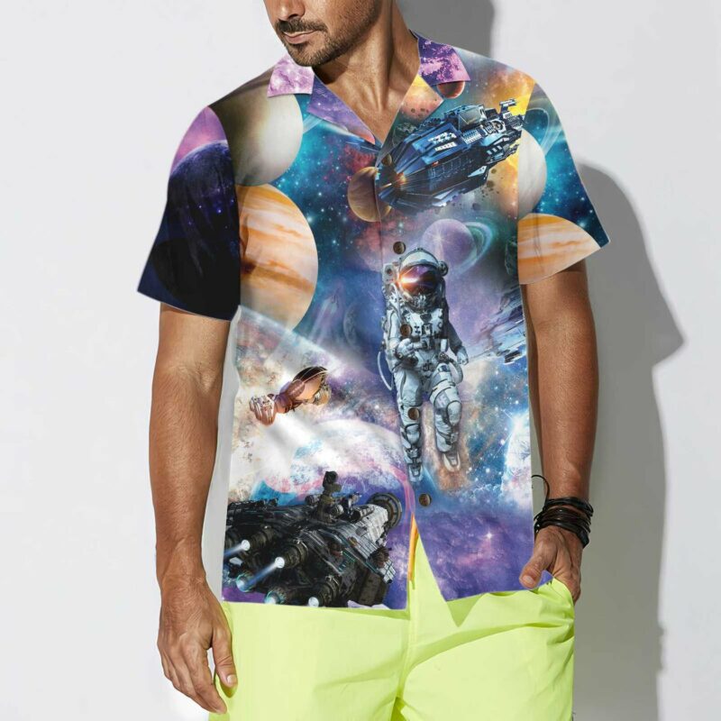 Orange prints model Outer Space Hawaiian Shirt, Space Themed Shirt, Planet Button Up Shirt For Adults