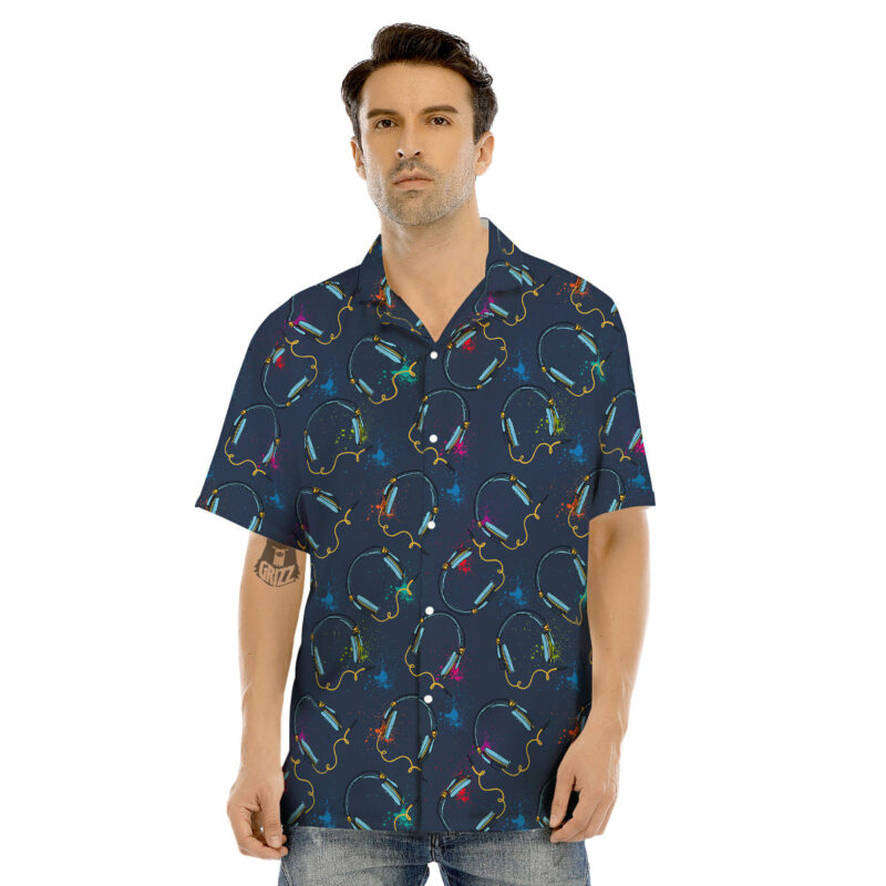OrangePrints.com -Abstract Headphone Blue Print Pattern Men's Hawaiian Shirt