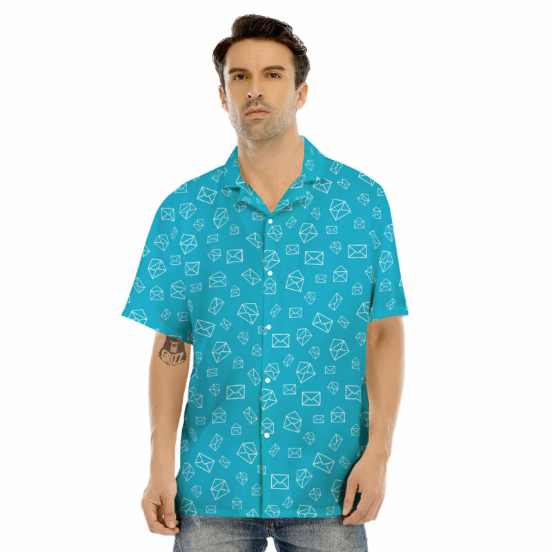 OrangePrints.com -Blue White Mail Print Pattern Men's Hawaiian Shirt