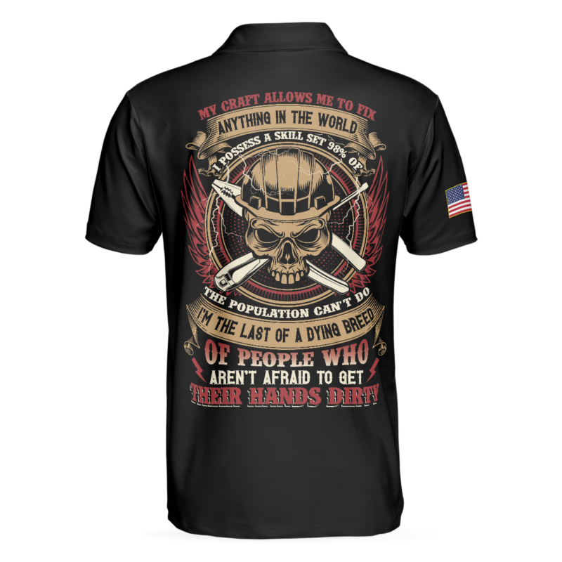 Orange prints back of Electrician My Craft Allows Me To Fix Anything Polo Shirt, Skull American Flag Electrician Shirt For Men