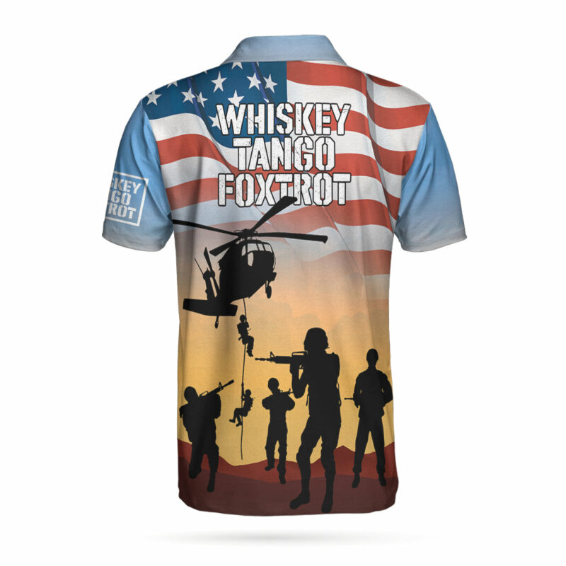 Orange prints front of Whiskey Tango Foxtrot Military Polo Shirt, Helicopter American Flag Polo Shirt, Patriotic Military Shirt For Men