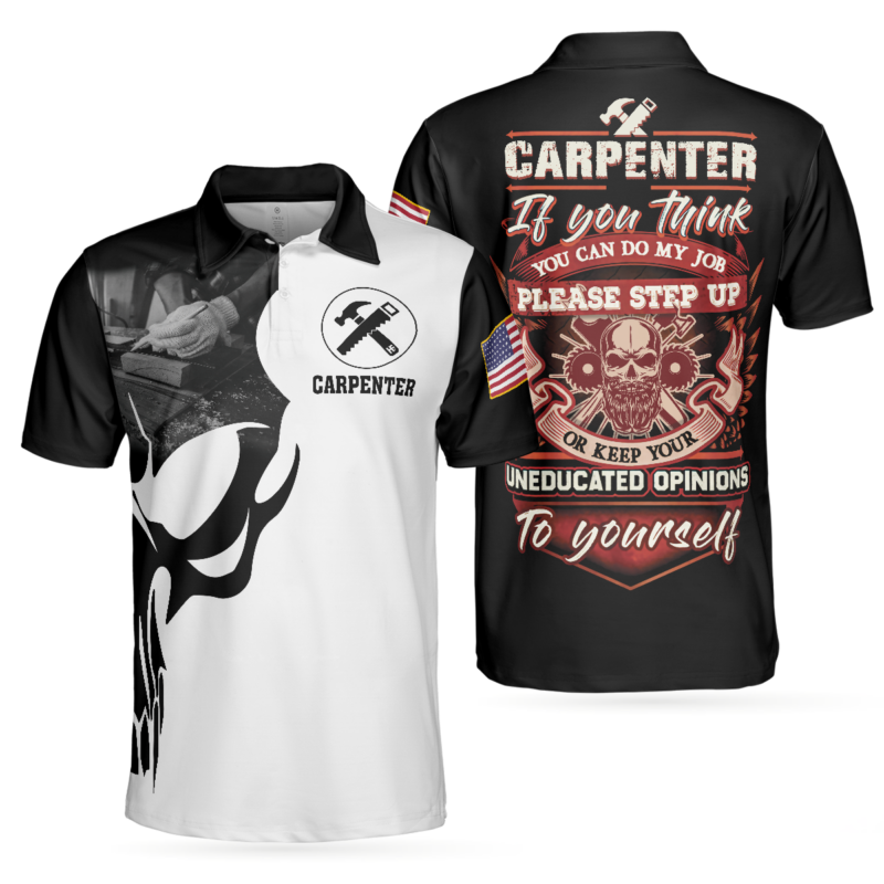 OrangePrints.com -Carpenter Proud Skull Short Sleeve Black And White Polo Shirt, American Flag Polo Shirt, Best Carpenter Shirt For Men