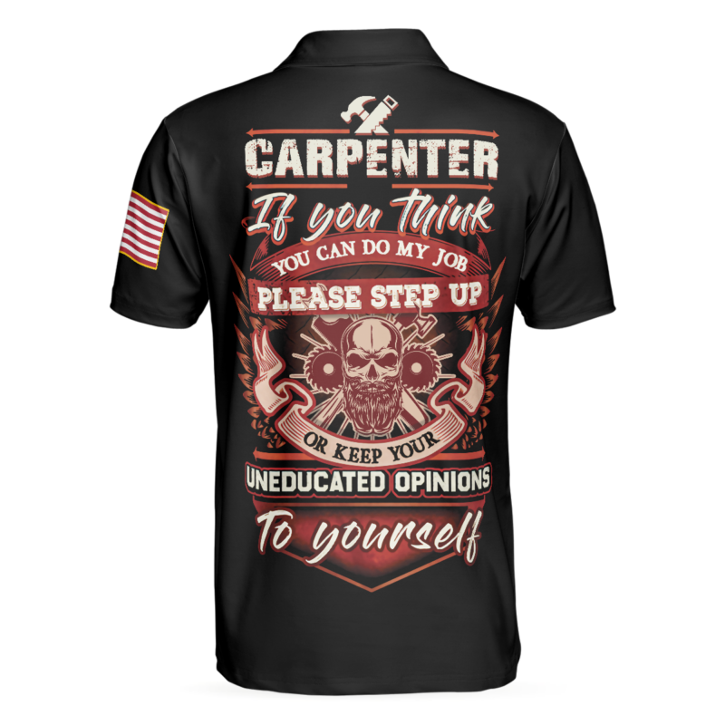 Orange prints back of Carpenter Proud Skull Short Sleeve Black And White Polo Shirt, American Flag Polo Shirt, Best Carpenter Shirt For Men
