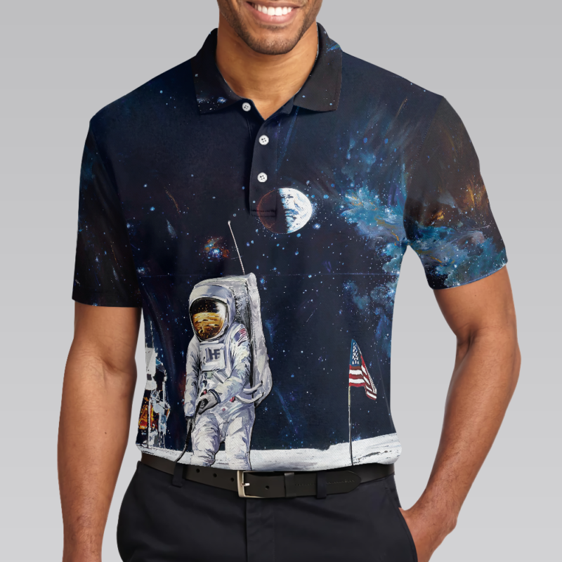 Orange prints model Astronaut Moon Golf Short Sleeve Polo Shirt For Golf, American Flag Polo Shirt, Best Golf Shirt For Men