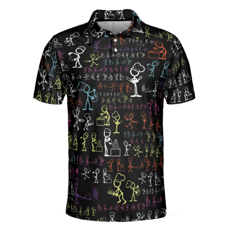 Orange prints back of Stickfigures Chef Short Sleeve Polo Shirt, Doodling Cooking Polo Shirt, Best Chef Shirt For Men