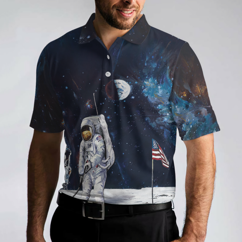 Orange prints model Astronaut Moon Golf Short Sleeve Polo Shirt For Golf, American Flag Polo Shirt, Best Golf Shirt For Men