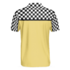 Orange prints back of Relaxi Taxi Short Sleeve Polo Shirt, Black And White Checker Pattern Yellow Taxi Shirt For Men