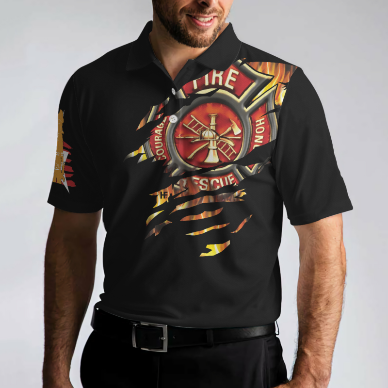 Orange prints back of American Firefighter Polo Shirt, Black Firefighter Shirt For Men, Cool Gift For Firefighters