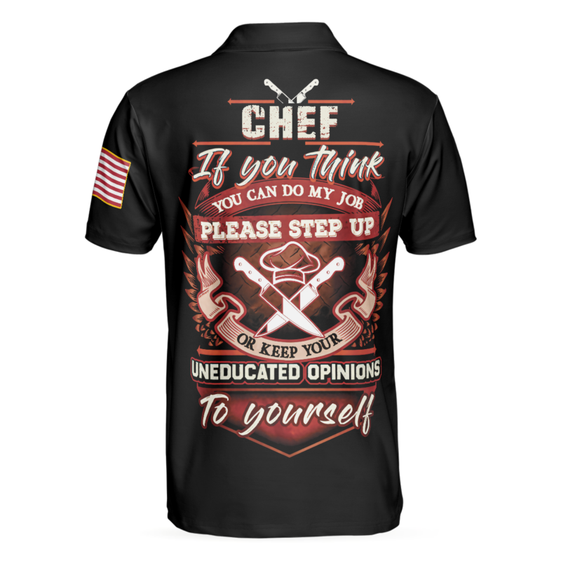 Orange prints back of Chef Proud Skull Unisex Short Sleeve Polo Shirt, If You Think You Can Do My Job Chef Polo Shirt, Best Chef Shirt For Men
