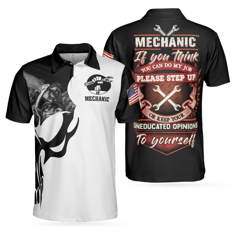 OrangePrints.com -Mechanic Proud Skull Polo Shirt, Black And White If You Think You Can Do My Job Polo Shirt, Mechanic Shirt For Men