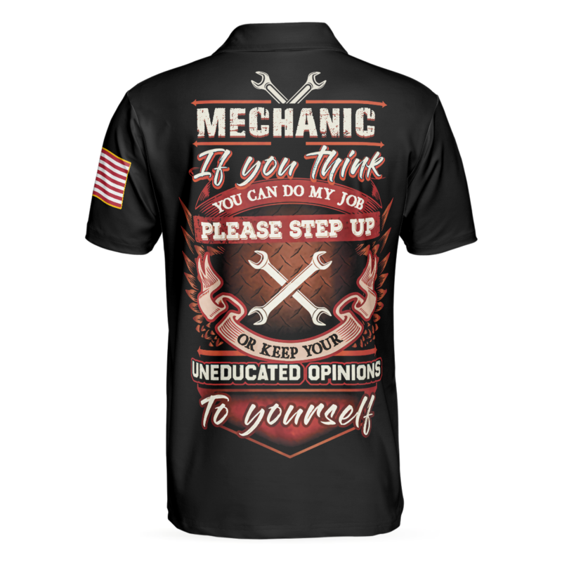 Orange prints back of Mechanic Proud Skull Polo Shirt, Black And White If You Think You Can Do My Job Polo Shirt, Mechanic Shirt For Men