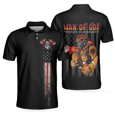 OrangePrints.com -Man Of God Flag Firefighter Polo Shirt, Skull Firefighter American Flag Polo Shirt, Firefighter Shirt For Men