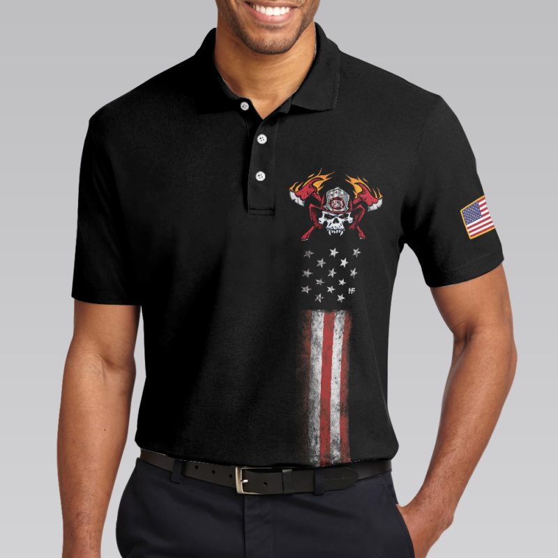 Orange prints model Man Of God Flag Firefighter Polo Shirt, Skull Firefighter American Flag Polo Shirt, Firefighter Shirt For Men