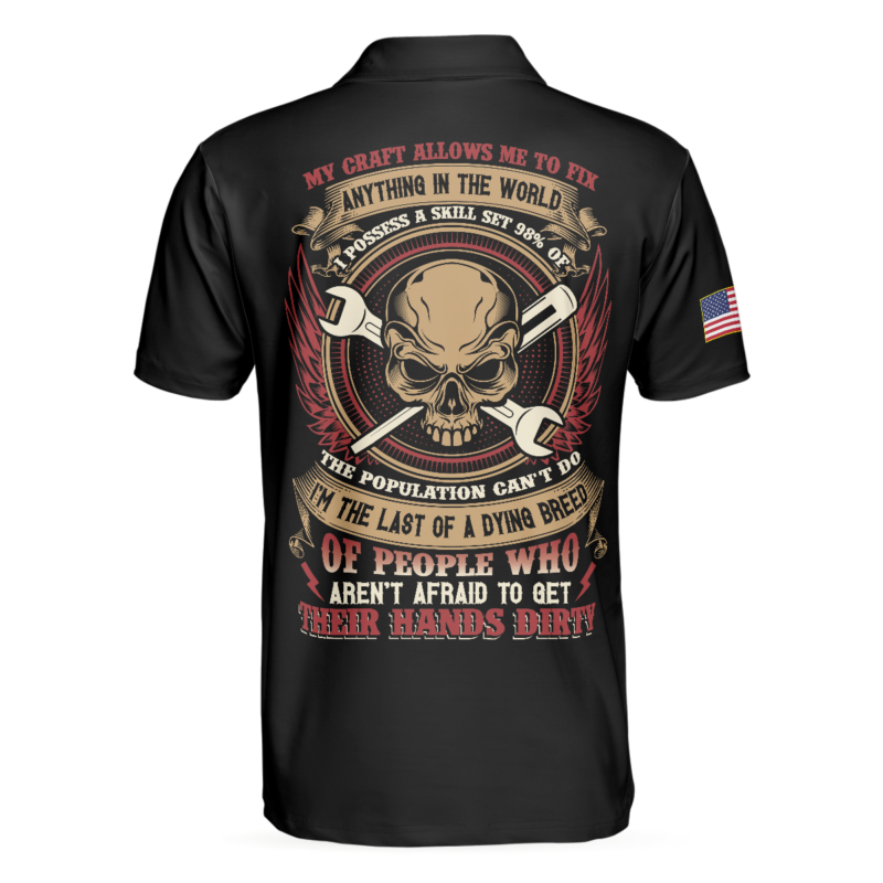 Orange prints back of Technician My Craft Allows Me To Fix Anything Polo Shirt, Skull American Flag Polo Shirt, Best Technician Shirt For Men