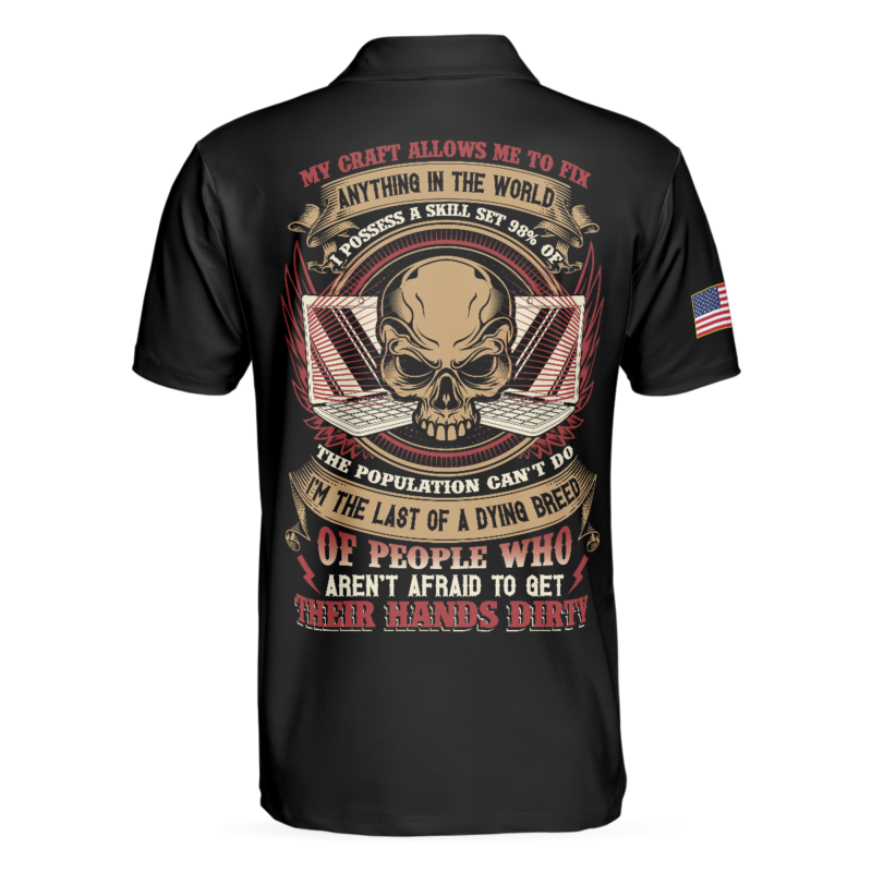 Orange prints back of Programmer My Craft Allows Me To Fix Anything Polo Shirt, Skull Ripped American Flag Golf Shirt For Men