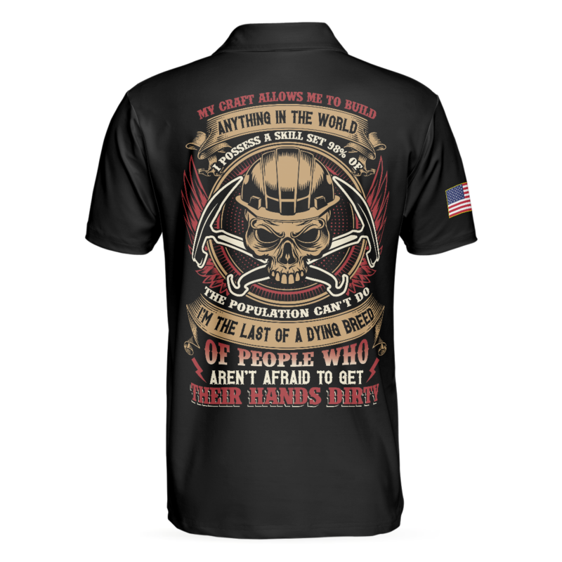 Orange prints back of Roofer My Craft Allows Me To Build Anything Polo Shirt, Skull Ripped American Flag Roofer Shirt For Men