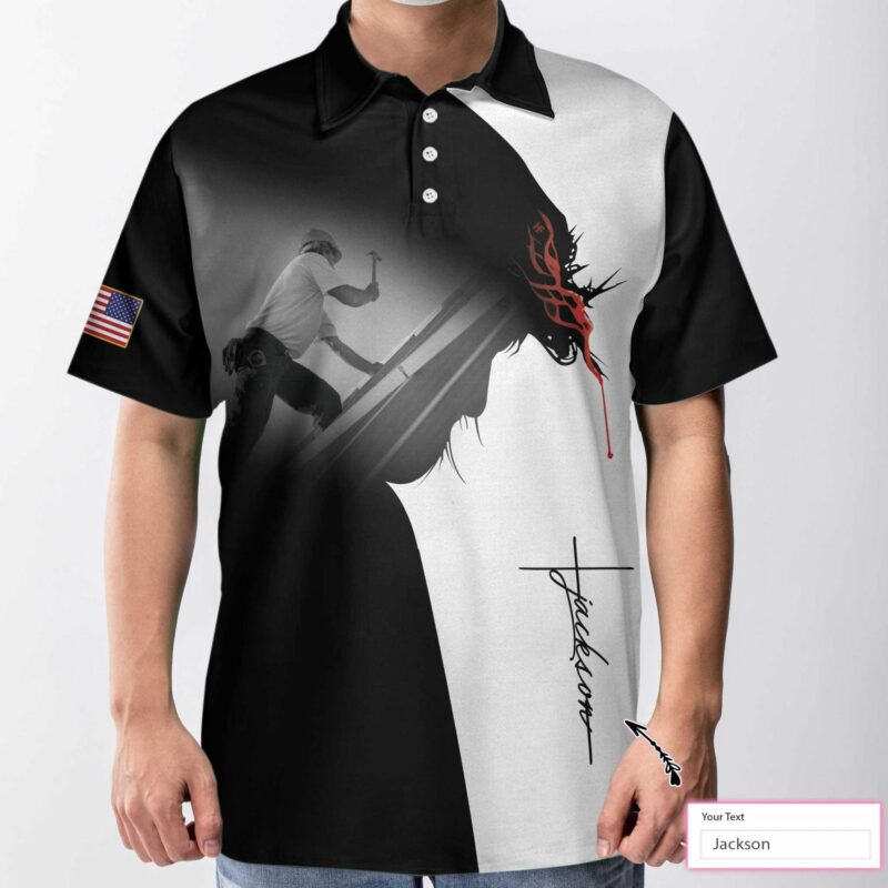 Orange prints back of Roofer I Can Do All Things Custom Polo Shirt, Personalized Black And White Christian Roofer Shirt For Men