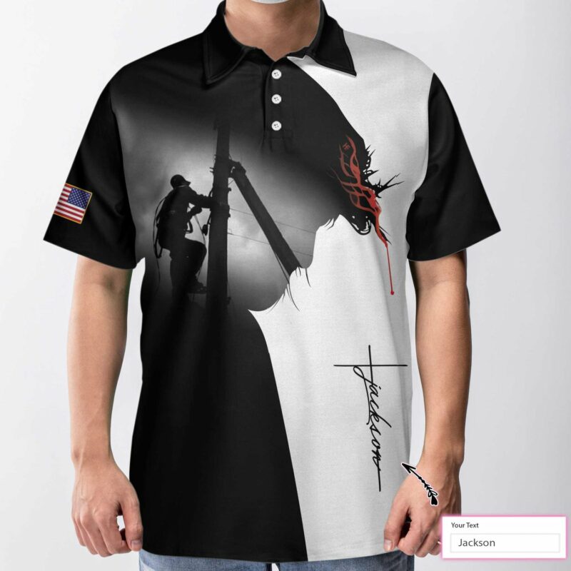 Orange prints back of Electrician I Can Do All Things Through Custom Polo Shirt, Christian Black And White Electrician Shirt For Men