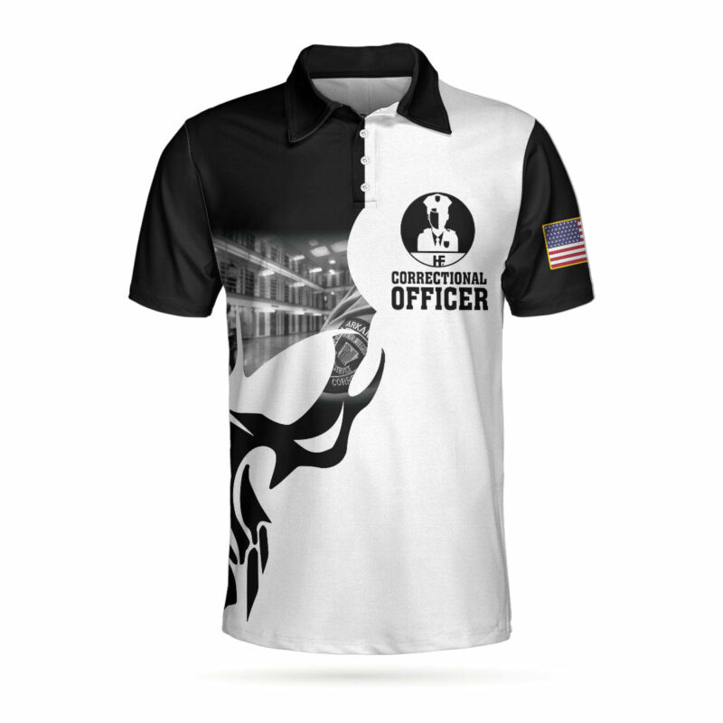Orange prints front of Correctional Officer Proud Skull Short Sleeve Polo Shirt, If You Think You Can Do My Job Shirt, Officer Shirt For Men