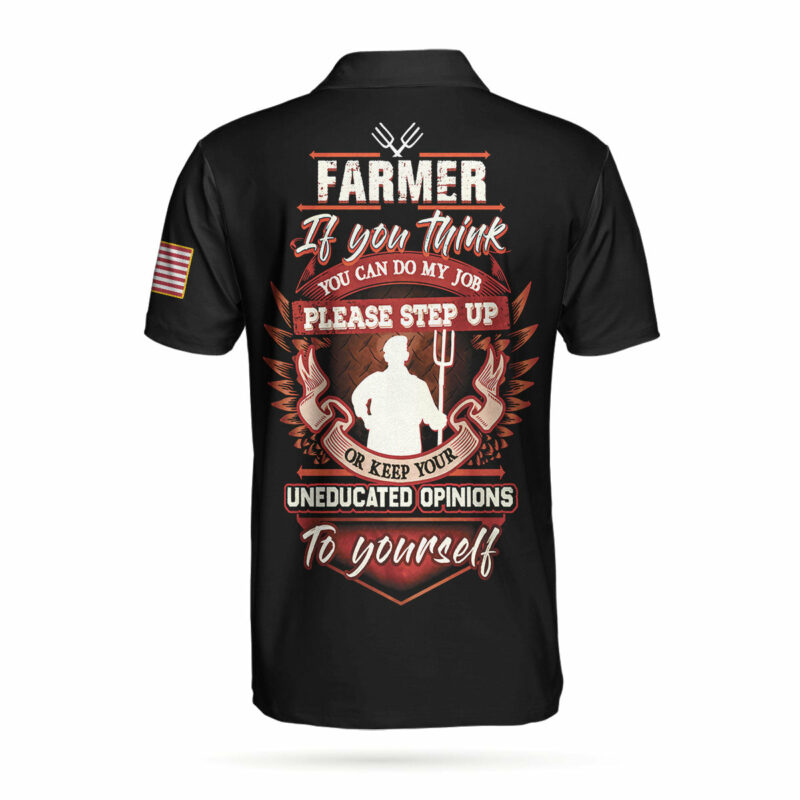 Orange prints back of Farmer Proud Skull Polo Shirt, American Flag If You Think You Can Do My Job Farmer Shirt For Men