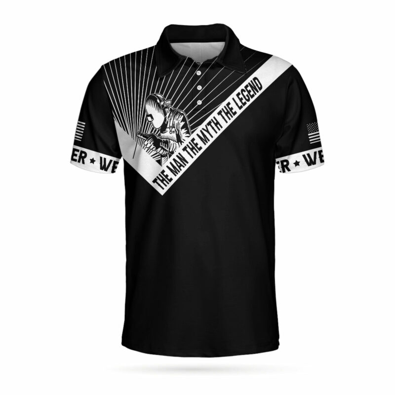 Orange prints back of Welder The Man The Myth The Legend Polo Shirt, Personalized Black And White American Flag Welder Shirt For Men