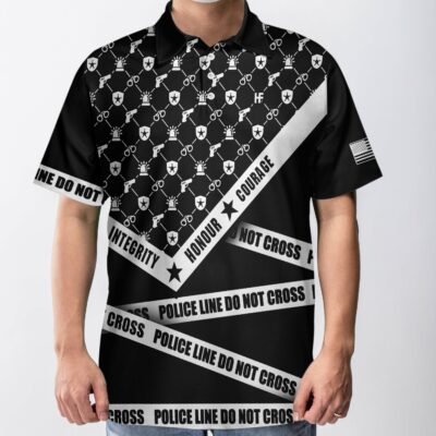 OrangePrints.com -Police Line Do Not Cross Polo Shirt, Black And White Police Icon Polo Shirt, Police Shirt For Men
