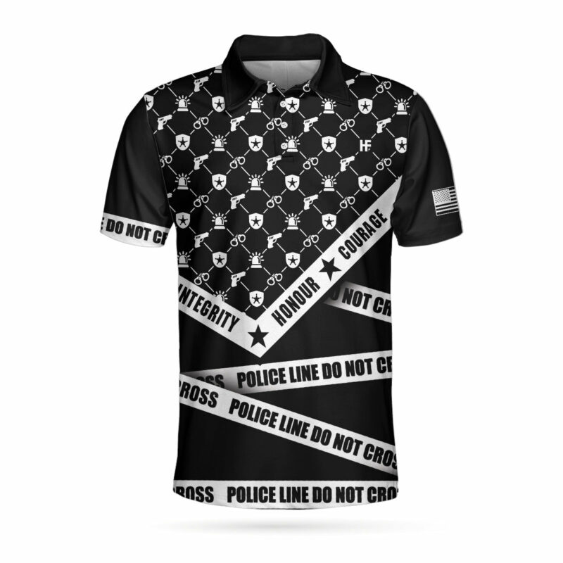 Orange prints front of Police Line Do Not Cross Polo Shirt, Black And White Police Icon Polo Shirt, Police Shirt For Men
