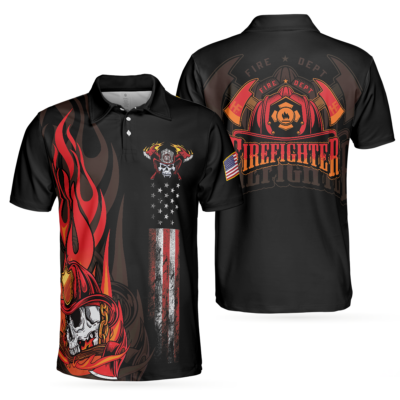 OrangePrints.com -Firefighter Skull Flame Short Sleeve Polo Shirt, Black American Flag Firefighter Shirt For Men