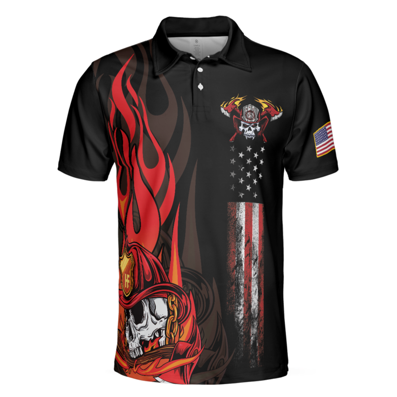 Orange prints front of Firefighter Skull Flame Short Sleeve Polo Shirt, First In Last Out American Flag Firefighter Shirt For Men