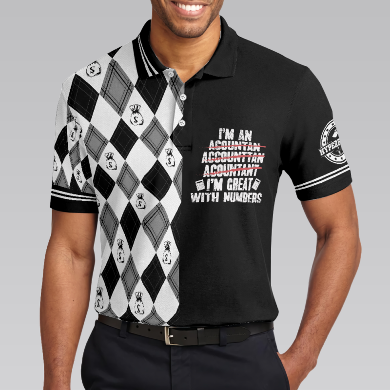 Orange prints model I'm An Accountant I'm Great With Numbers Polo Shirt, Argyle Pattern Accountant Shirt For Men