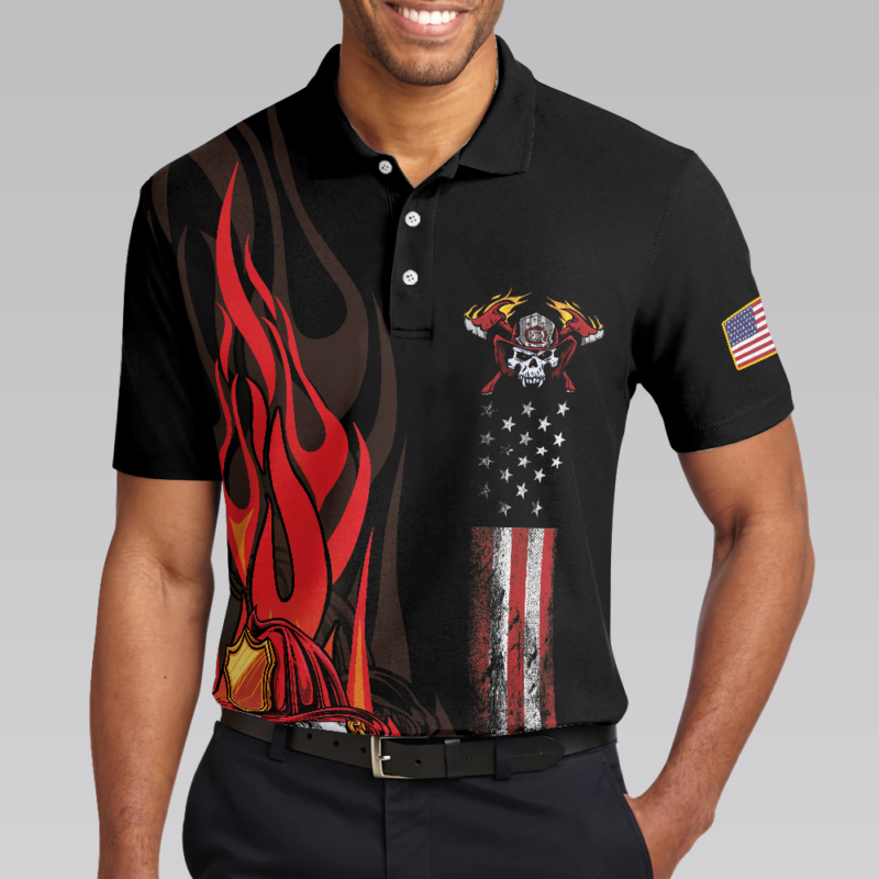 Orange prints model Firefighter Skull Flame Short Sleeve Polo Shirt, Black American Flag Firefighter Shirt For Men