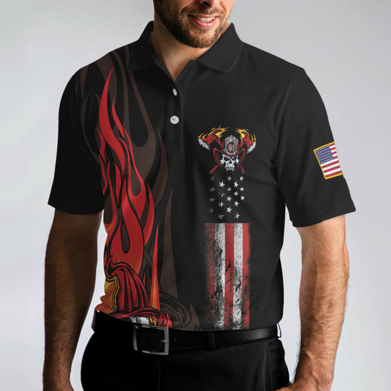 Orange prints model Firefighter Skull Flame Short Sleeve Polo Shirt, Black American Flag Firefighter Shirt For Men