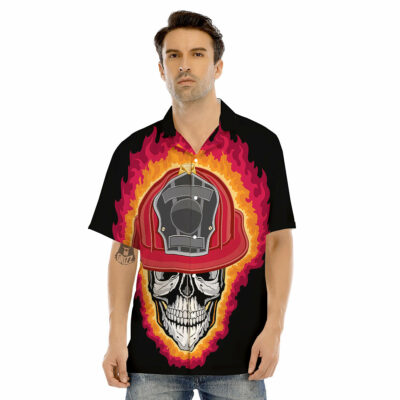 OrangePrints.com -Firefighter Skull Flaming Print Men's Hawaiian Shirt