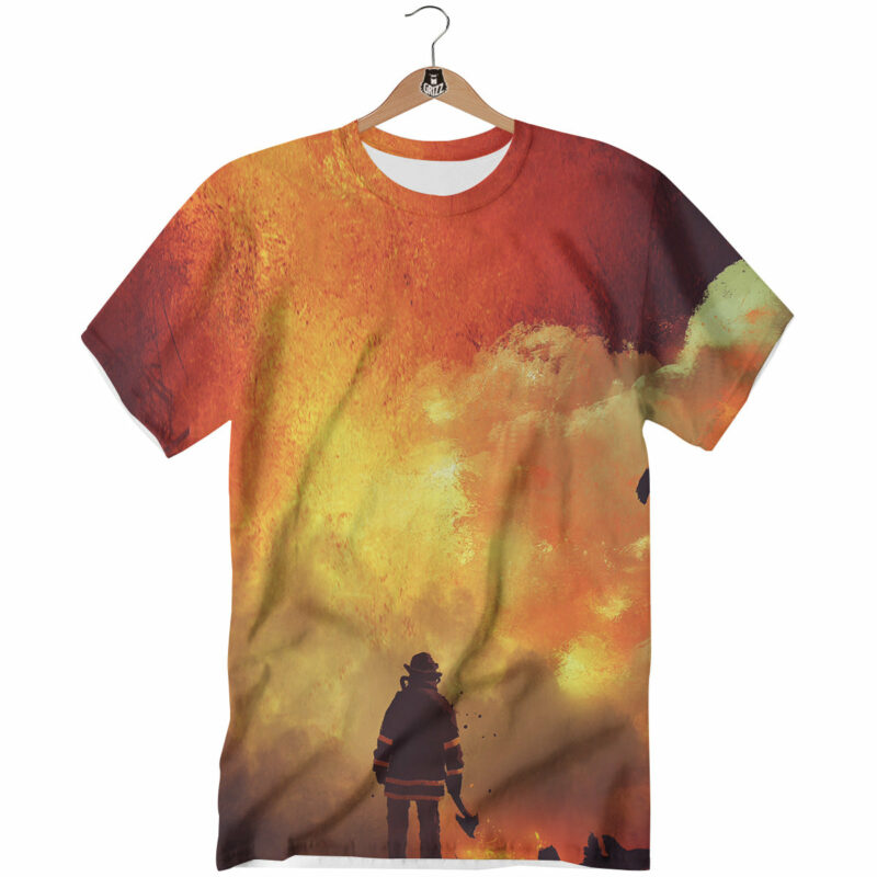 Orange prints Brave Firefighter In The Fire Print T-Shirt