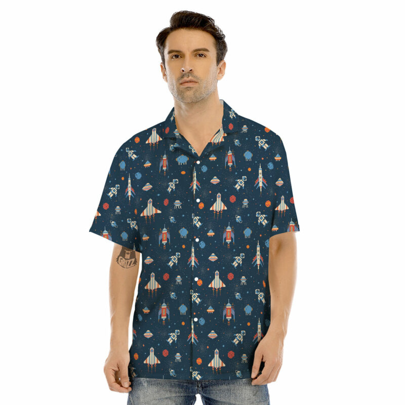 OrangePrints.com -Pixel Space And Astronaut Print Pattern Men's Hawaiian Shirt