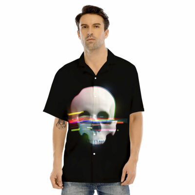 OrangePrints.com -Astronaut Skull Digital Glitch Print Men's Hawaiian Shirt