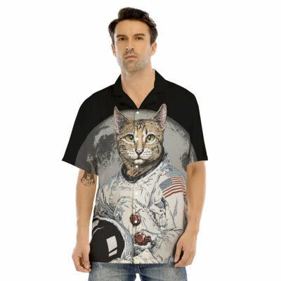 OrangePrints.com -Cat American Astronaut On The Moon Print Men's Hawaiian Shirt