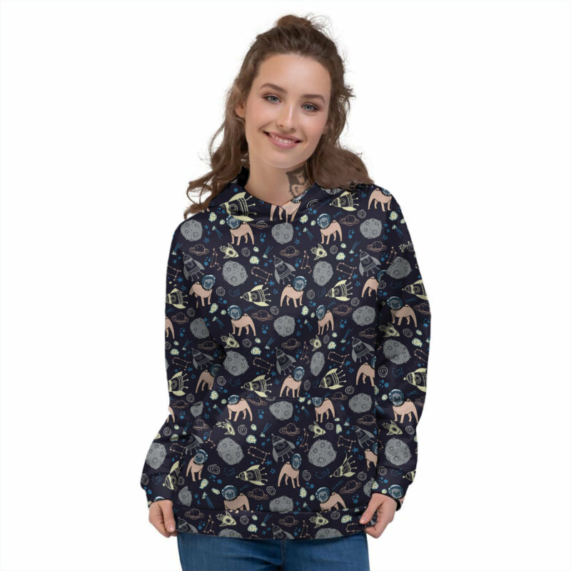 Orange prints Pug And Astronaut In The Space Print Pattern Women's Hoodie