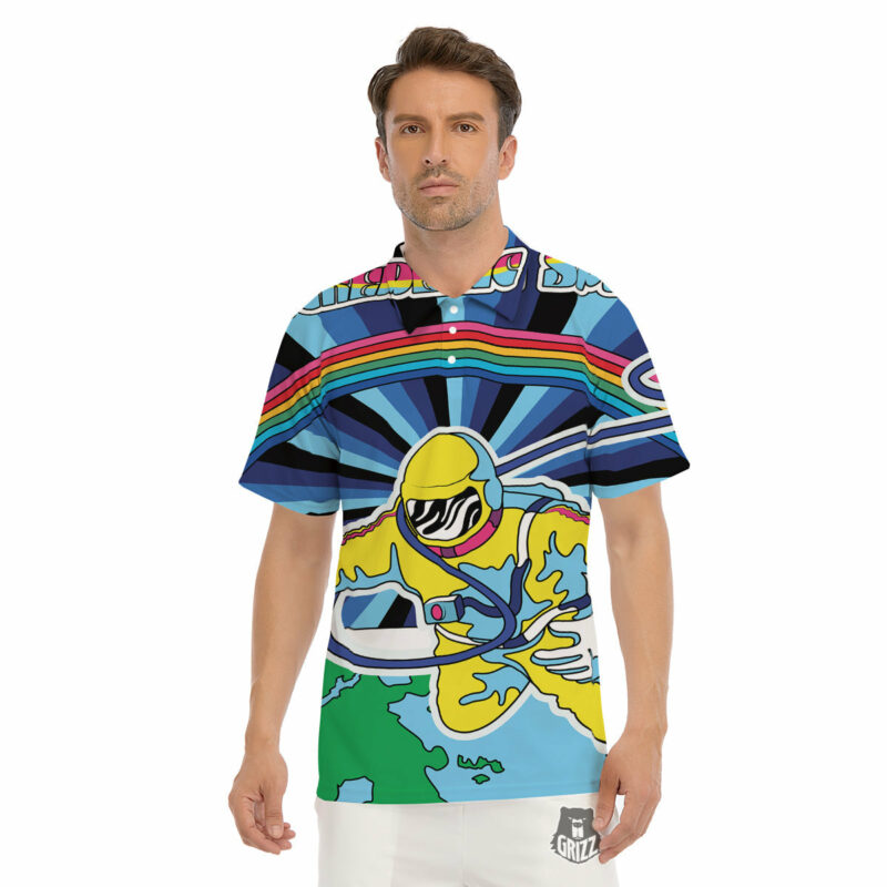 Orange prints Psychedelic Space And Astronaut Print Men's Golf Shirts