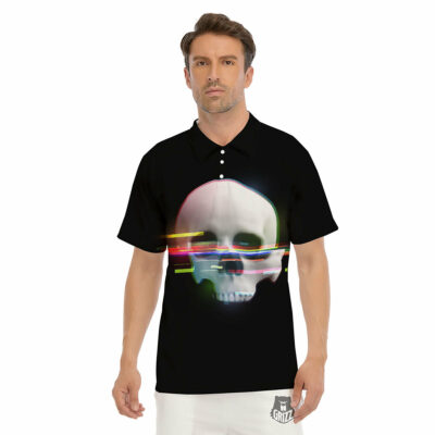 OrangePrints.com -Astronaut Skull Digital Glitch Print Men's Golf Shirts