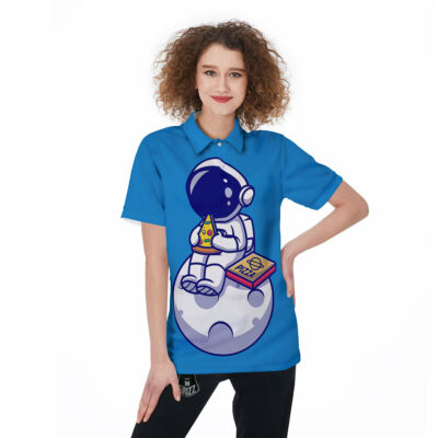 OrangePrints.com -Cute Astronaut Eating Pizza Print Women's Golf Shirts