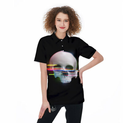 OrangePrints.com -Astronaut Skull Digital Glitch Print Women's Golf Shirts