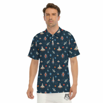 OrangePrints.com -Pixel Space And Astronaut Print Pattern Men's Golf Shirts