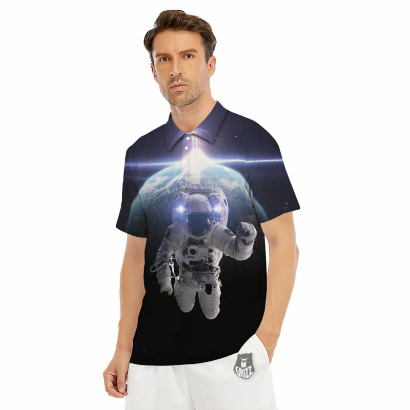 Orange prints Floating Astronaut In Outer Space Print Men's Golf Shirts