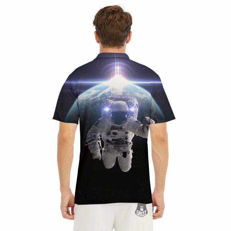 Orange prints Floating Astronaut In Outer Space Print Men's Golf Shirts